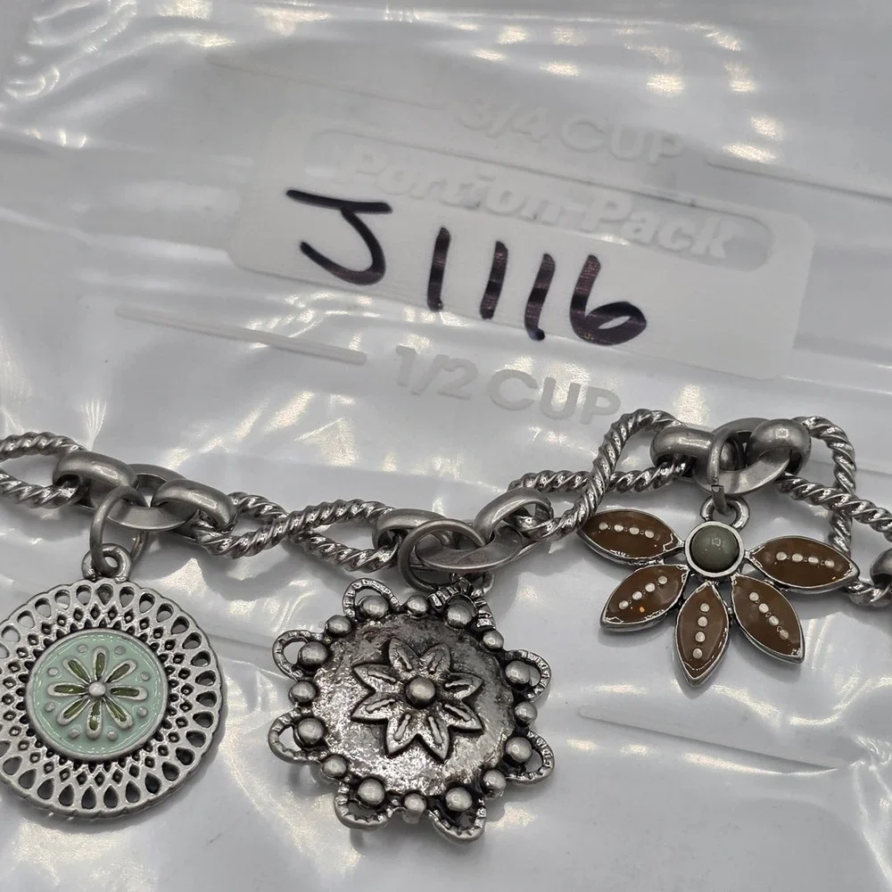 Lia Sophia Silver Tone Enamel Floral Charm Bracelet Green Brown Rhinestone 8.5in